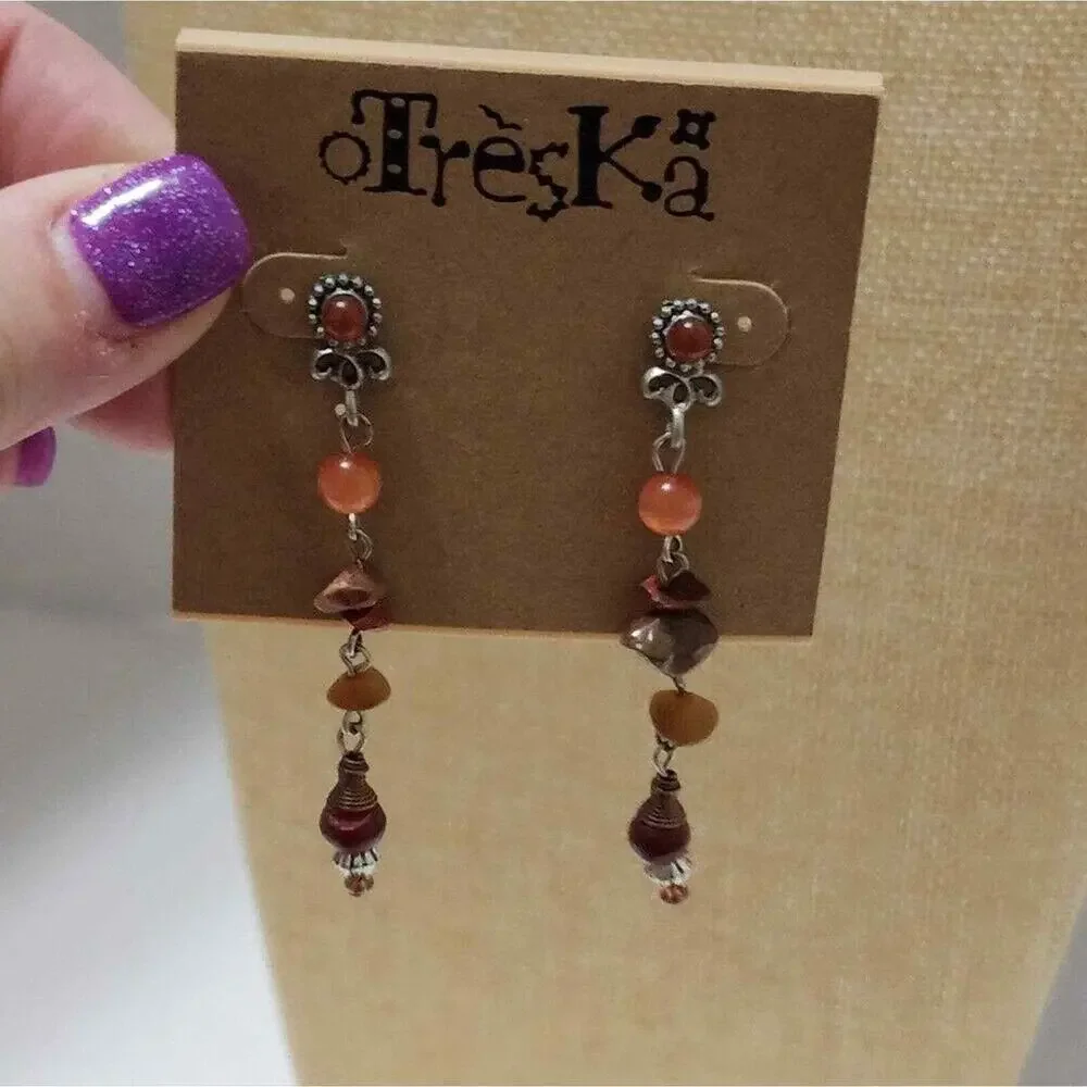 Treska Women Earthy Orange Burgundy Stone Bead Silver Tone Drop Dangle Earrings